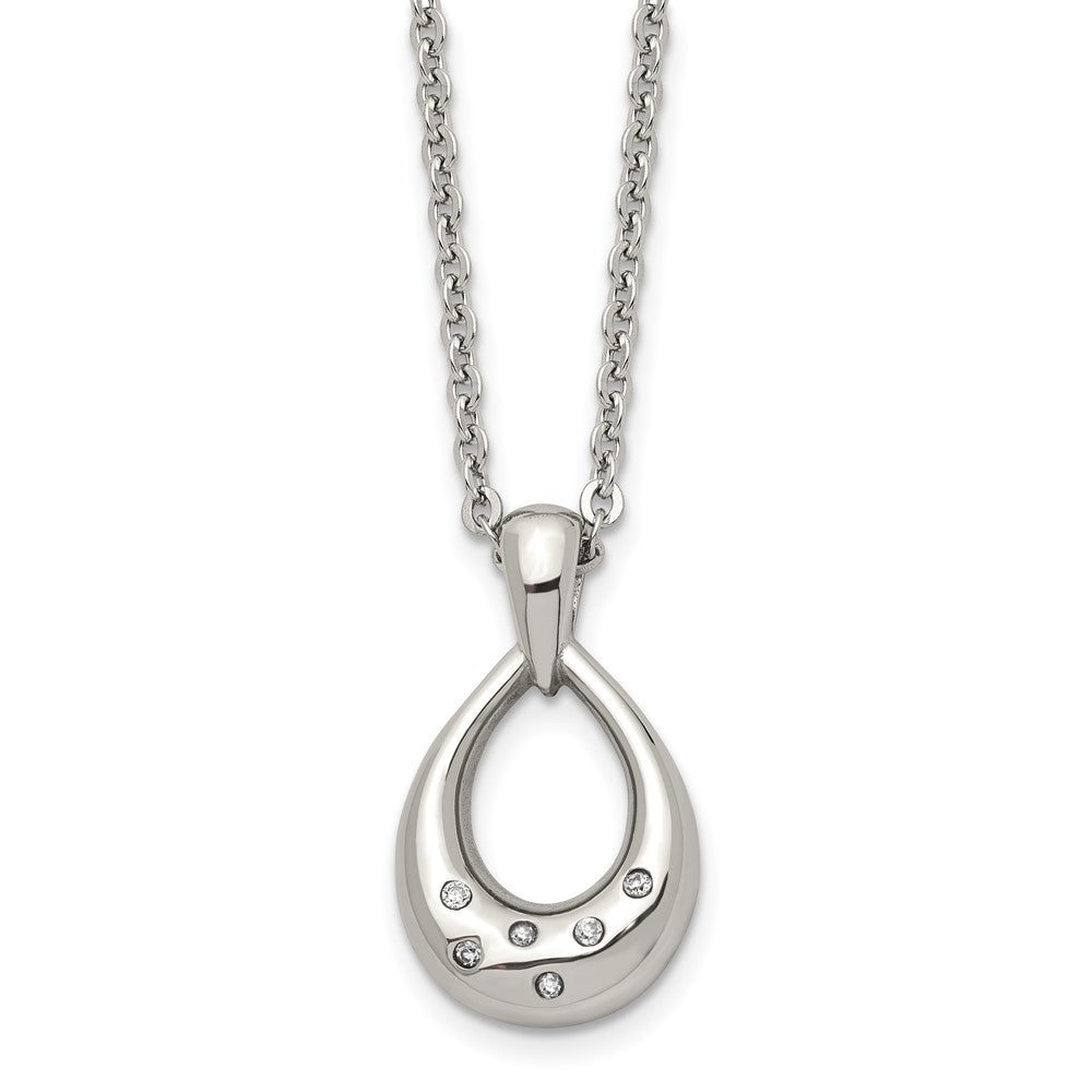 Stainless Steel CZ Teardrop Polished NecklaceSRN1389-18