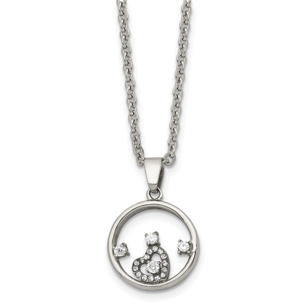 Stainless Steel Round with Heart CZ Polished NecklaceSRN1390-18