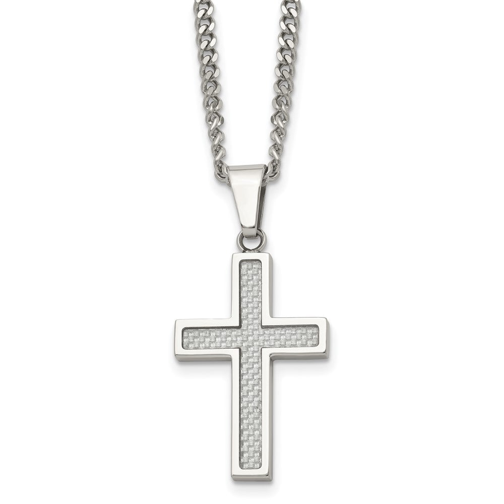 Stainless Steel Polished w/Grey Carbon Fiber Inlay Small Cross NecklaceSRN1409-20