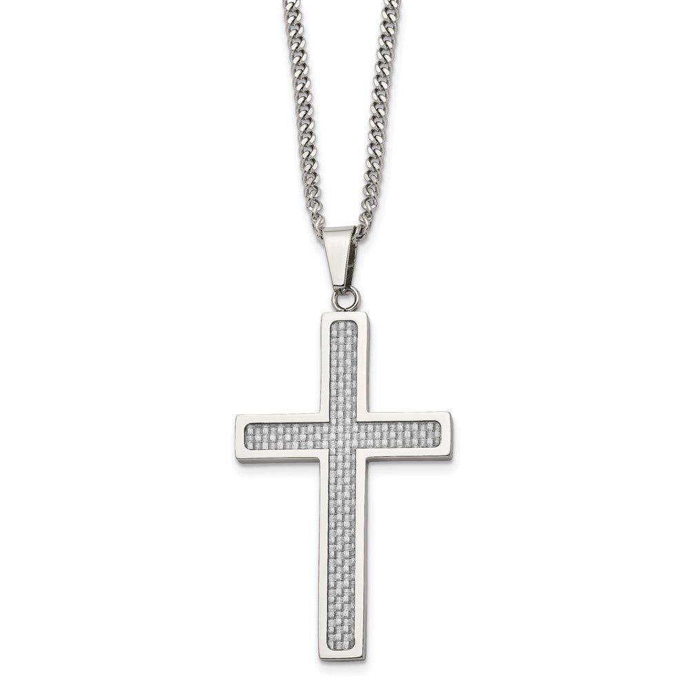 Stainless Steel Polished Grey Carbon Fiber Inlay Large Cross 20in NecklaceSRN1410-20