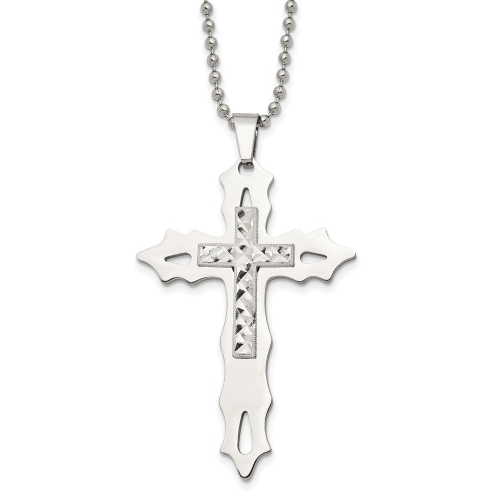 Stainless Steel & Sterling Silver Diamond Cut and Polished Cross NecklaceSRN1411-20