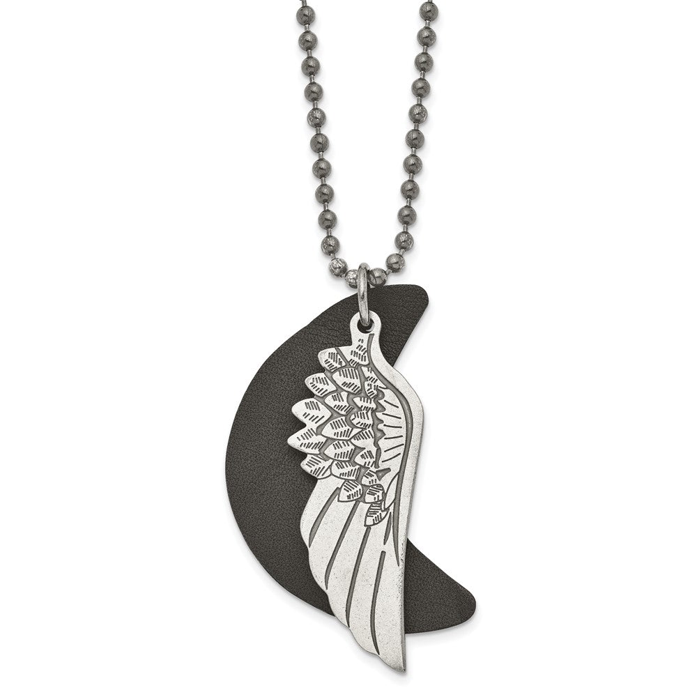 Stainless Steel Brushed Wing with Leather Moon NecklaceSRN1445-26.5