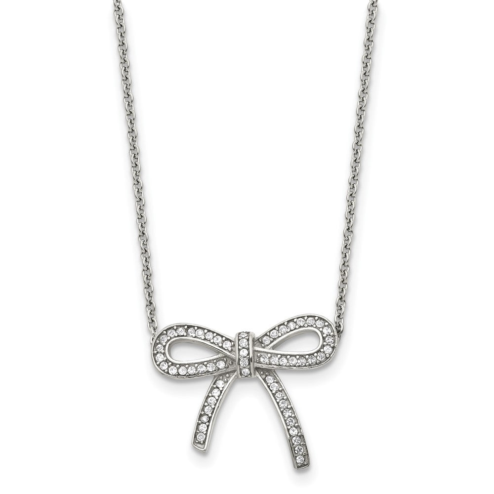 Stainless Steel Crystal Polished Bow with 1.75in ext. NecklaceSRN1448-16.25