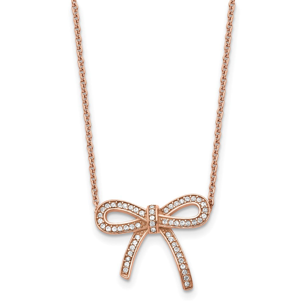 Stainless Steel Crystal Polished Pink IP plated Bow with 1.75in ext. NecklSRN1449-16.25