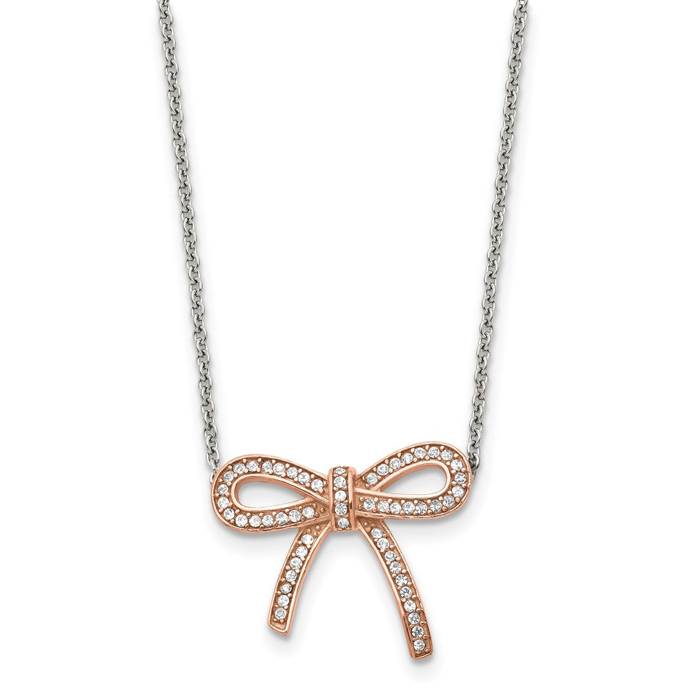 Stainless Steel Crystal Polished Pink IP plated Bow with 1.75in ext. NecklSRN1450-16.25