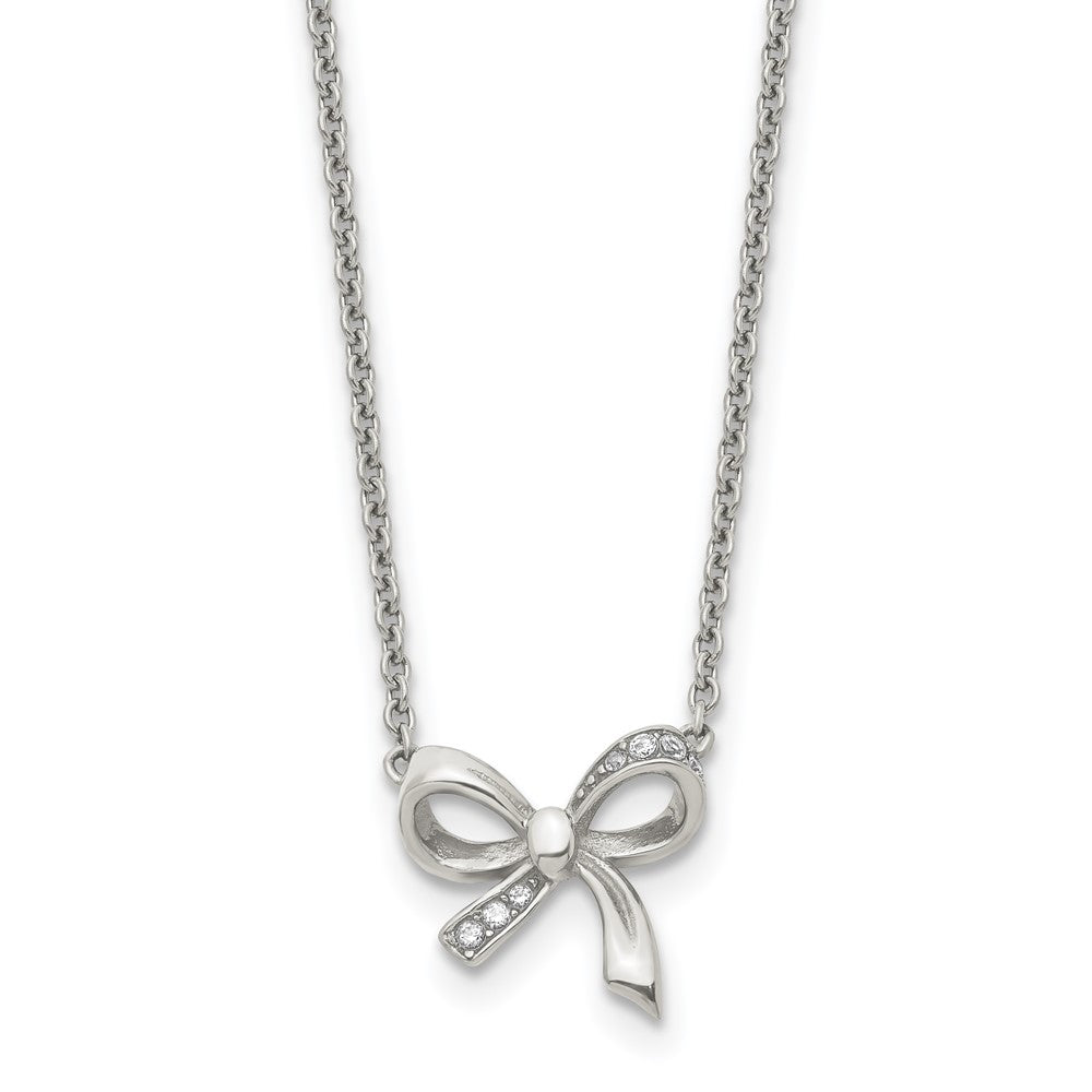 Stainless Steel Polished CZ Bow with 1.75in ext. NecklaceSRN1454-16