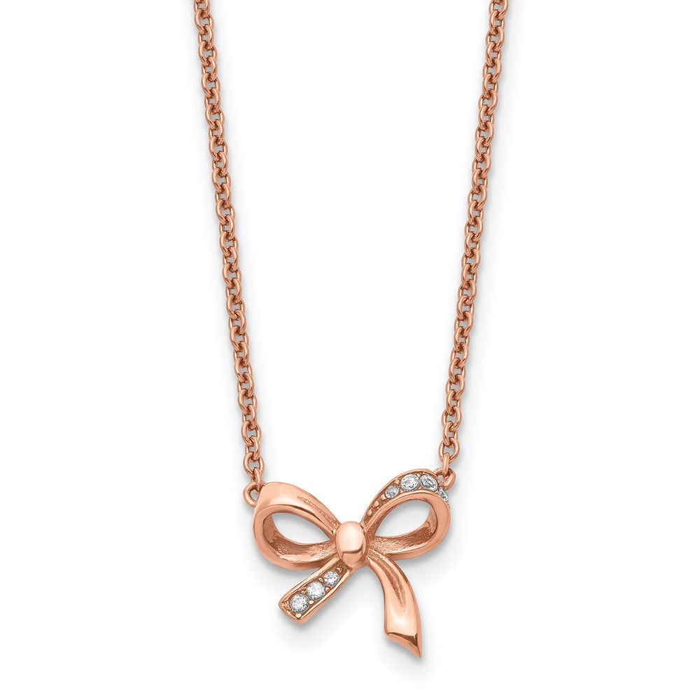 Stainless Steel Polished Pink IP plated CZ Bow with 1.75in ext. NecklaceSRN1455-16
