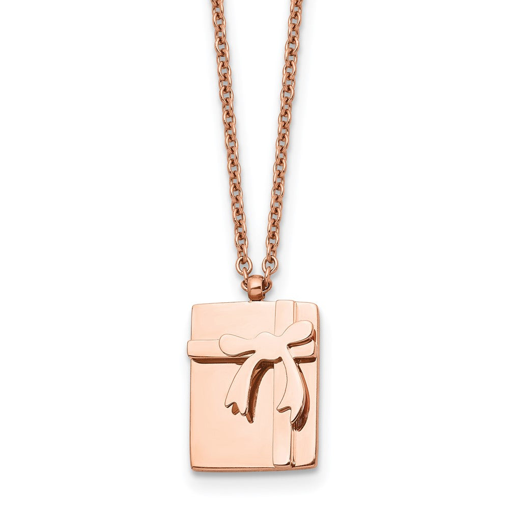 Stainless Steel Polished Pink IP plated Package & Bow with 2.5in ext. NeckSRN1461-16
