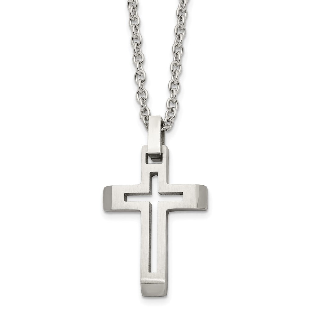 Stainless Steel Polished and Brushed Cut-out Cross NecklaceSRN1468-20