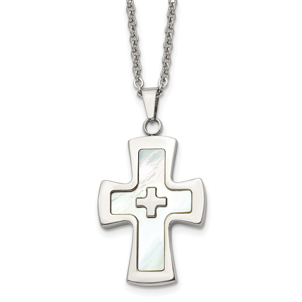 Stainless Steel Polished Mother Of Pearl Cross NecklaceSRN1476-22