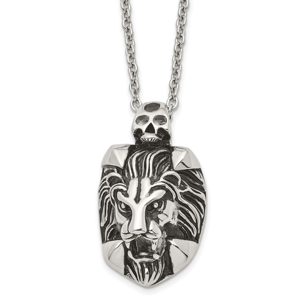 Stainless Steel Polished and Antiqued Lion and Skull NecklaceSRN1490-22