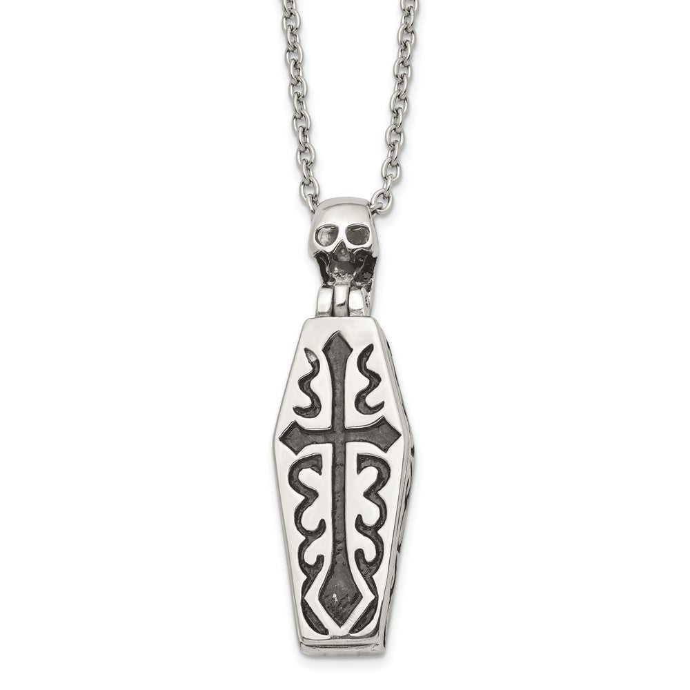 Stainless Steel Polished/Antiqued Coffin w/Skeleton NecklaceSRN1492-22