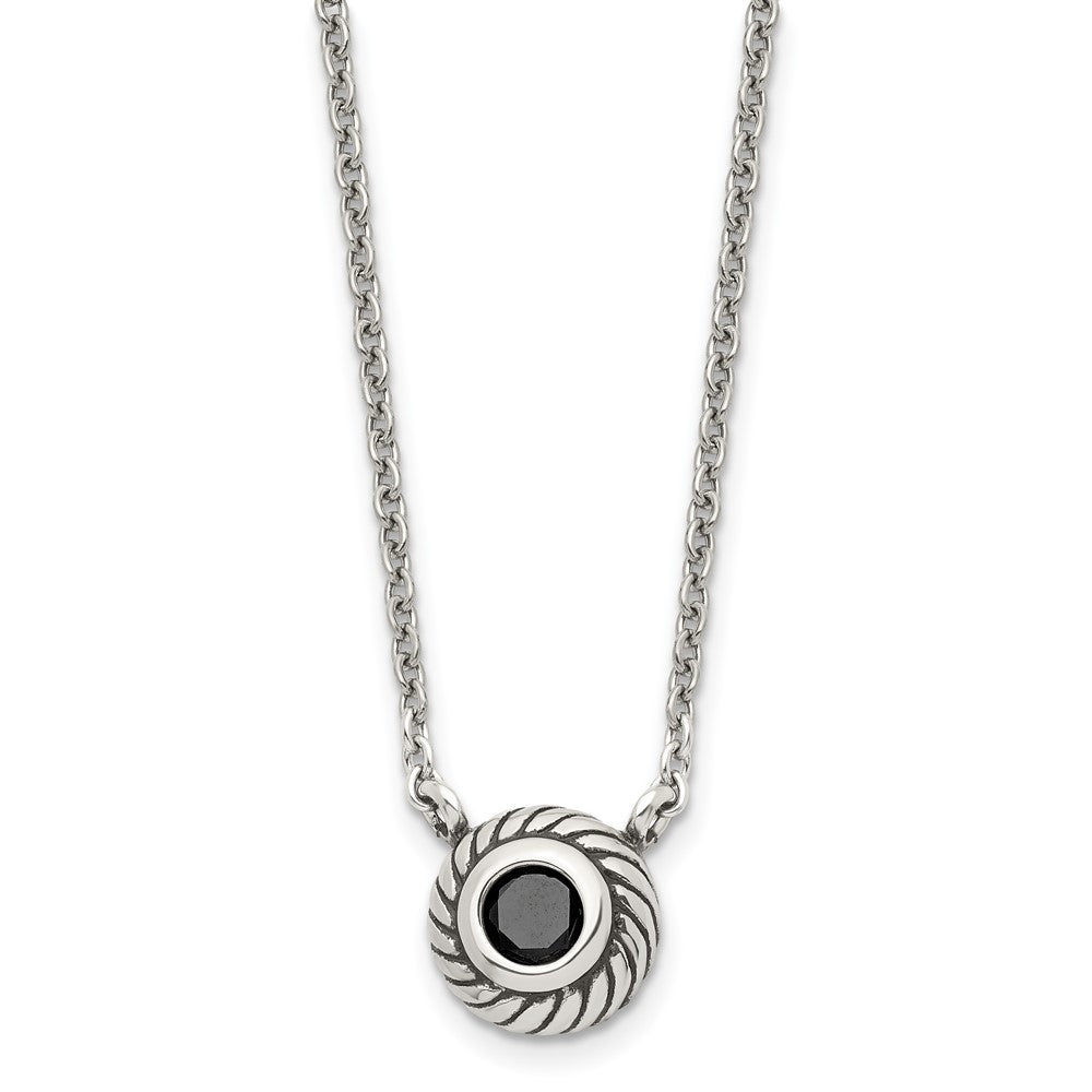 Stainless Steel Polished Black CZ Circle w/1in ext. NecklaceSRN1501-18