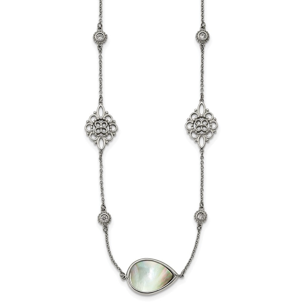 Stainless Steel Polished Black MOP/CZ w/3in ext. NecklaceSRN1503-24.5