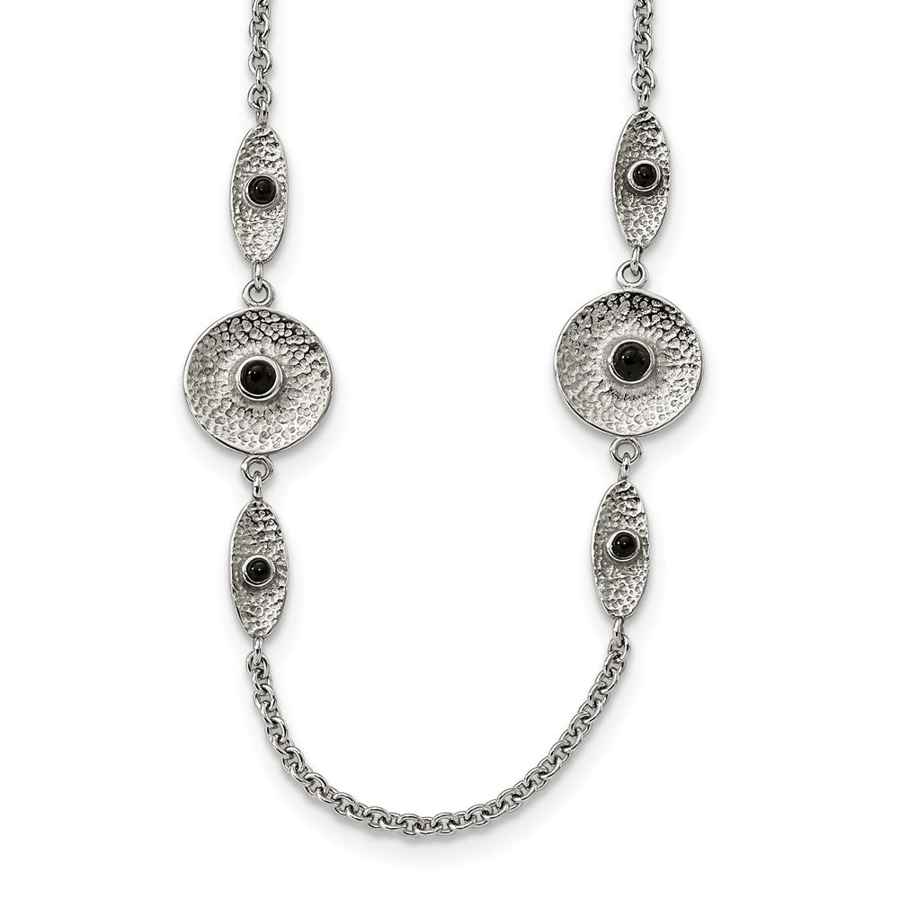 Stainless Steel Polished/Textured Black Onyx w/2in ext. NecklaceSRN1511-34