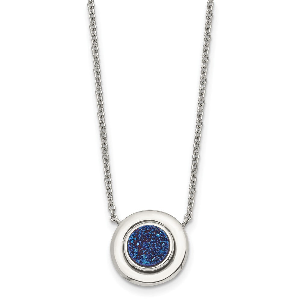 Stainless Steel Polished Blue Druzy Circle w/2in ext. NecklaceSRN1516-18.25