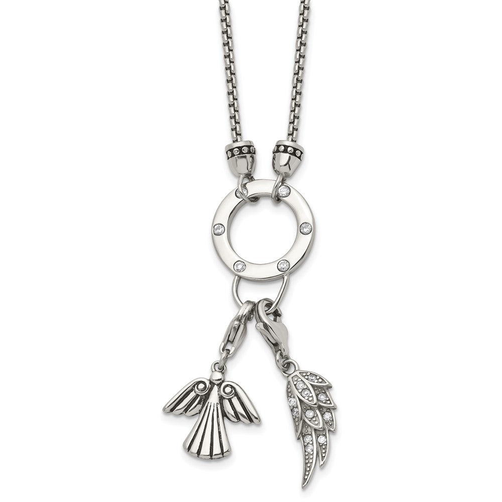 Stainless Steel Polished Feather & Angel CZ Charms w/2in ext. NecklaceSRN1517-17