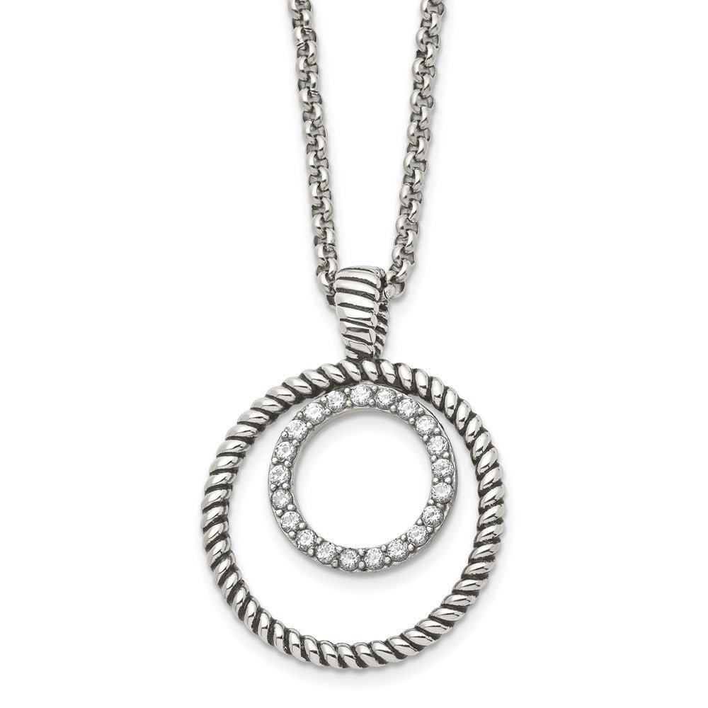 Stainless Steel Polished and Antiqued CZ Circle NecklaceSRN1529-18