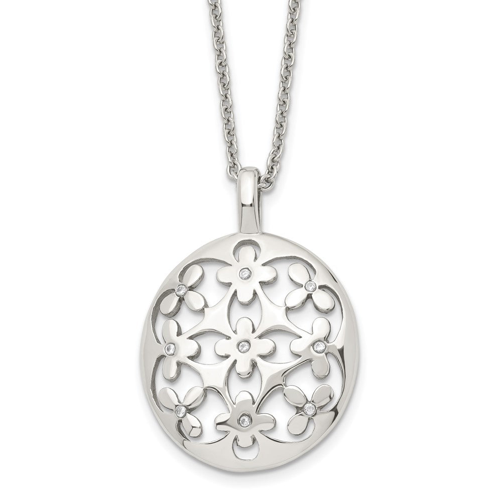 Stainless Steel Polished Circle w/CZ w/2in ext. NecklaceSRN1531-18.25