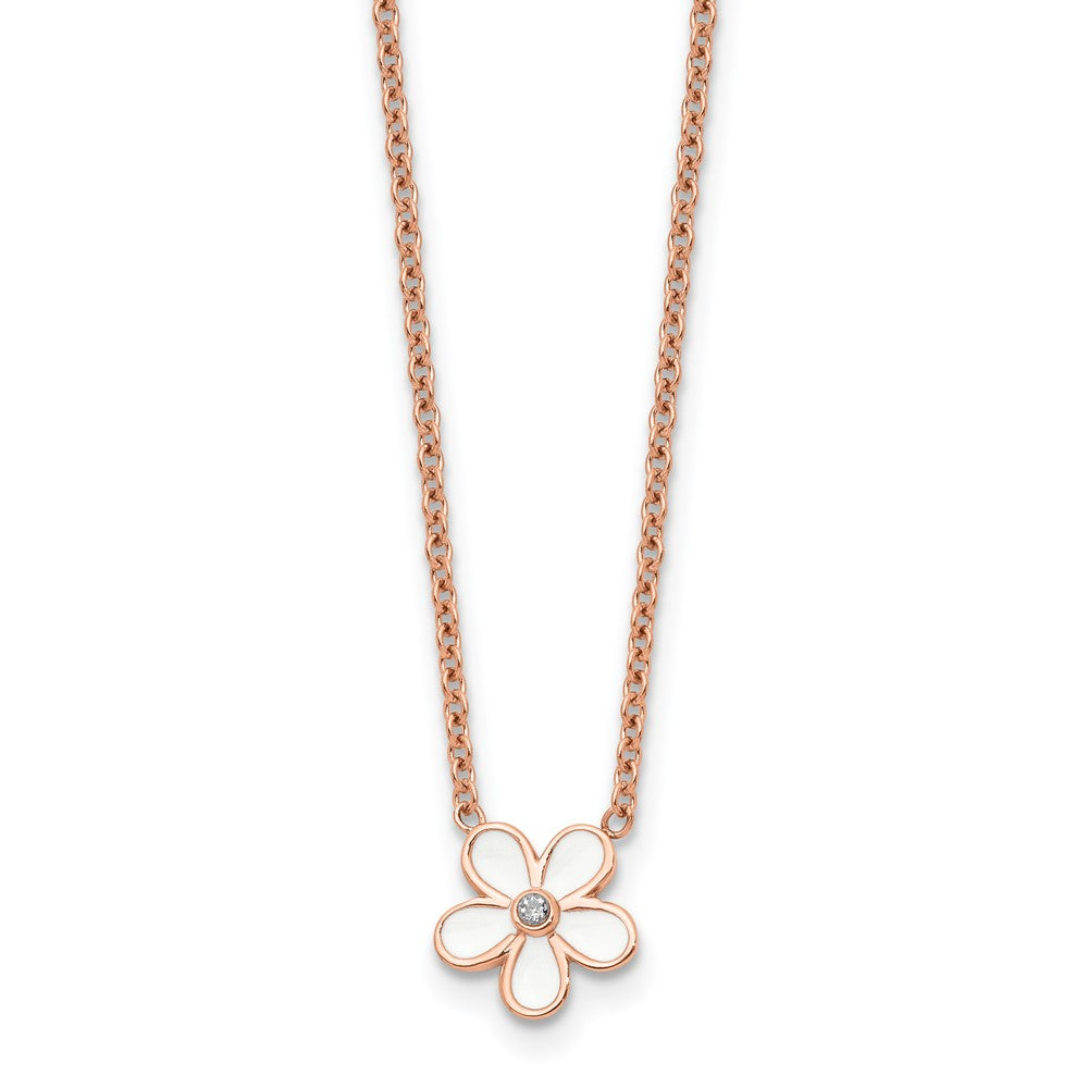 Stainless Steel Polished Pink IP-plated/Enameled Flower w/CZ NecklaceSRN1553-17.25