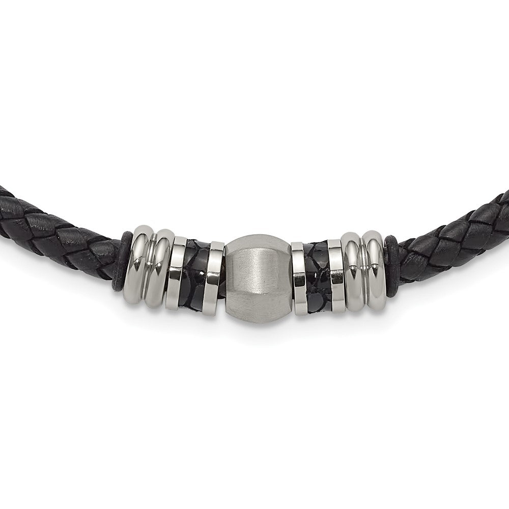 Stainless Steel Polished and Brushed Black Leather & Rubber NecklaceSRN1574-19