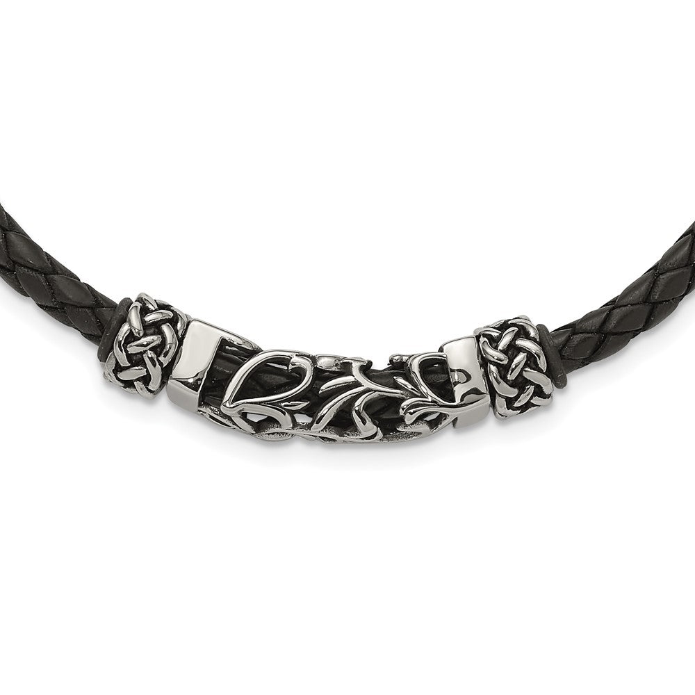 Stainless Steel Black Leather w/Antiqued Beads NecklaceSRN1575-19.75
