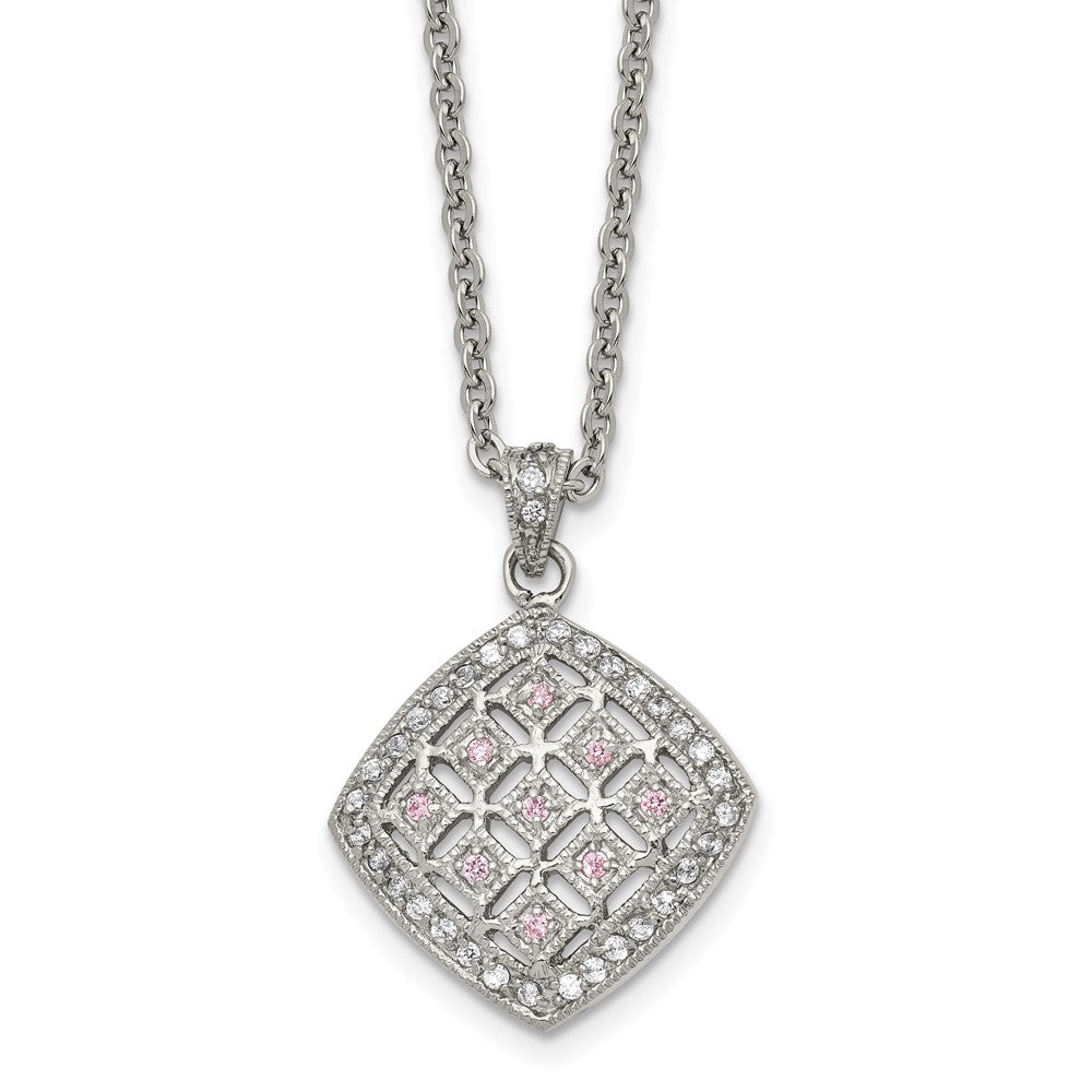 Stainless Steel Polished Clear and Pink CZ Square NecklaceSRN1584-18