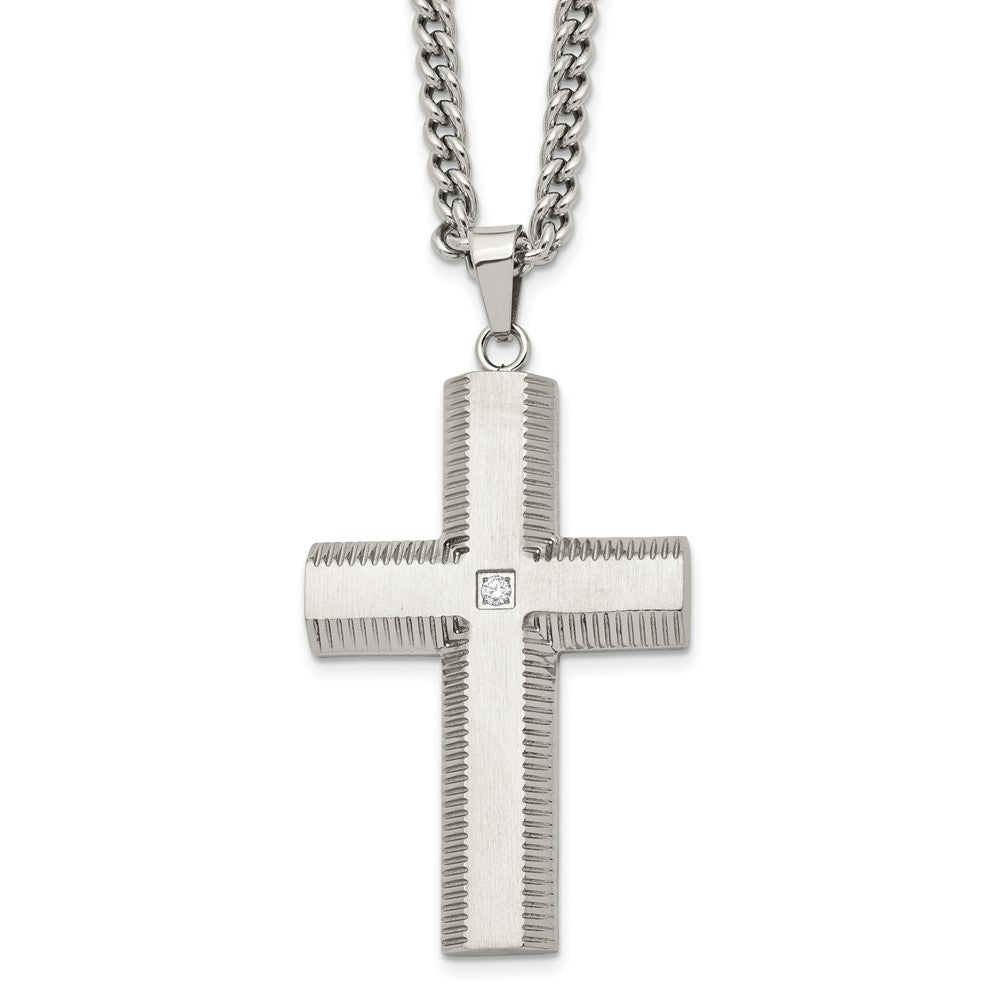 Stainless Steel Polished and Brushed CZ Cross NecklaceSRN1606-22