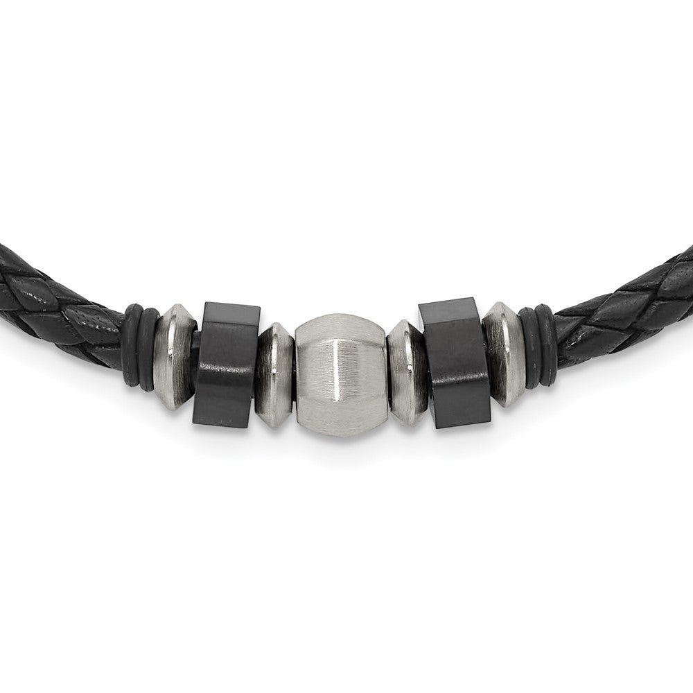 Stainless Steel Brushed Leather Black IP-plated & Rubber NecklaceSRN1620-19.25