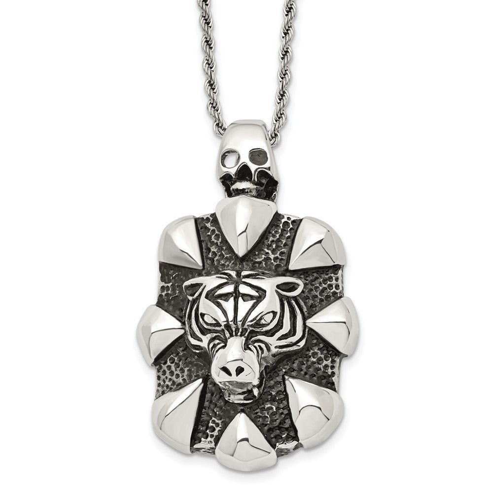 Stainless Steel Antiqued Skull and Tiger NecklaceSRN1624-20