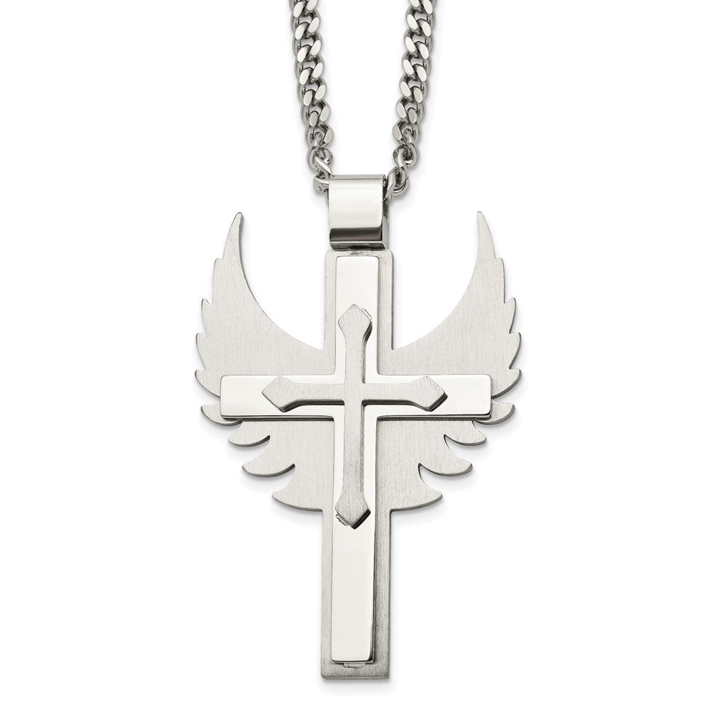 Stainless Steel Polished/Brushed Cross with Wings NecklaceSRN1633-20