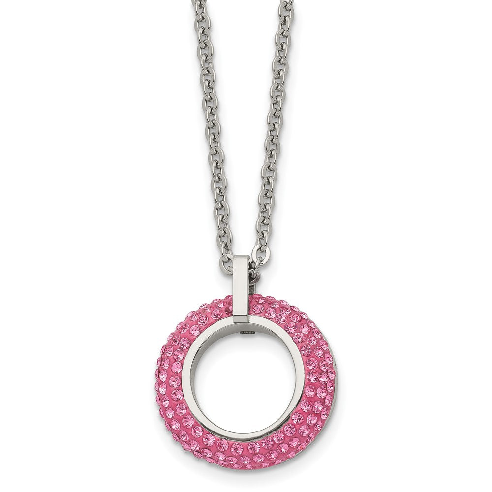 Stainless Steel Polished with Pink Crystal Circle NecklaceSRN1637-18