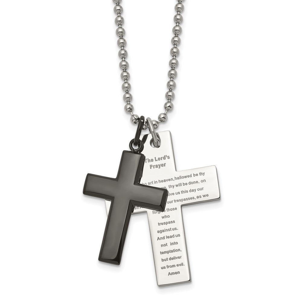 Stainless Steel Polished Black IP-plated Lord's Prayer Cross NecklaceSRN1645-24