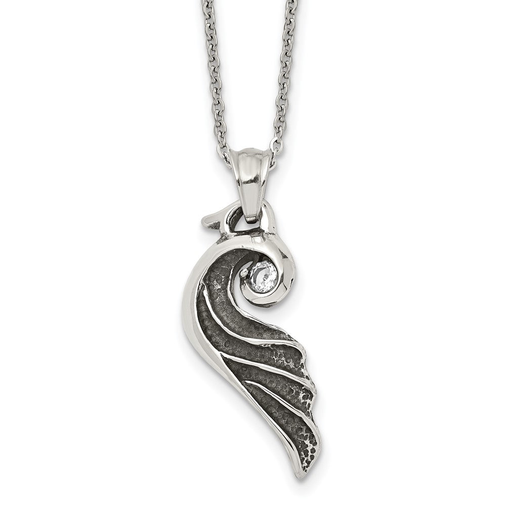 Stainless Steel Antiqued and Polished with Crystal Wing 18 in. NecklaceSRN1904-18