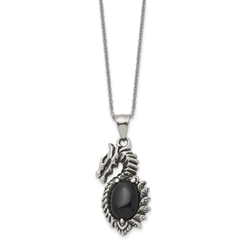 Stainless Steel Antiqued & Polished w/ Black Glass Dragon NecklaceSRN1917-20