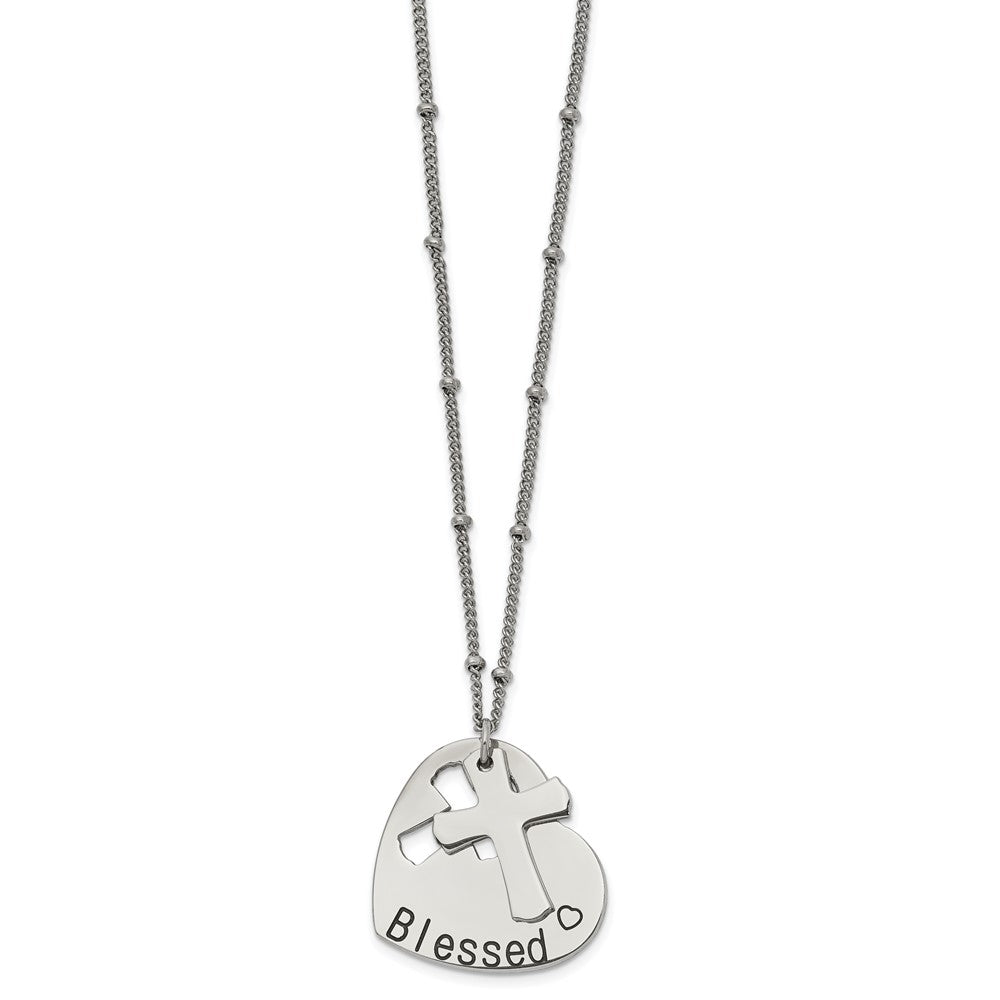 Stainless Steel Polished BLESSED Heart and Cross 20in. NecklaceSRN2648-20