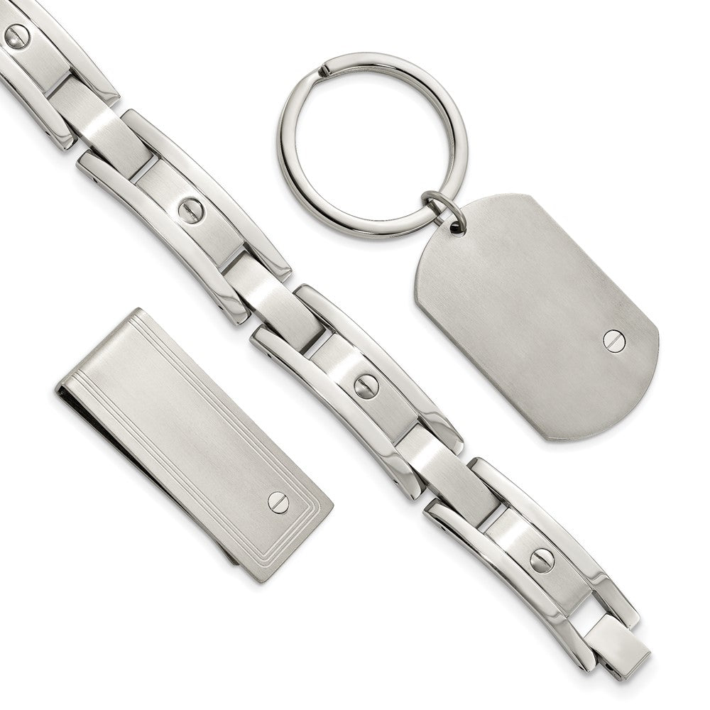 Stainless Steel Brushed and Polished Bracelet, Money Clip and Key Ring SetSRSET2