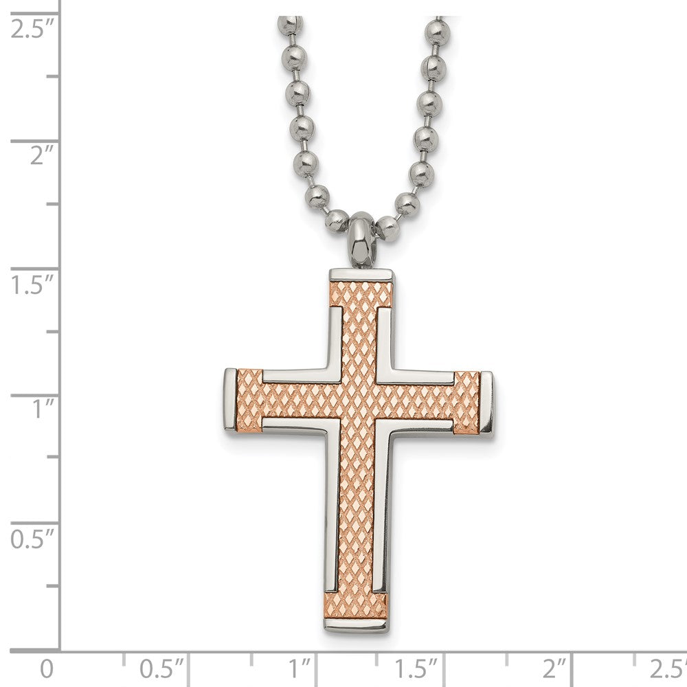 Titanium Polished Rose IP-plated Laser Cut Cross 22in NecklaceTBN197-22