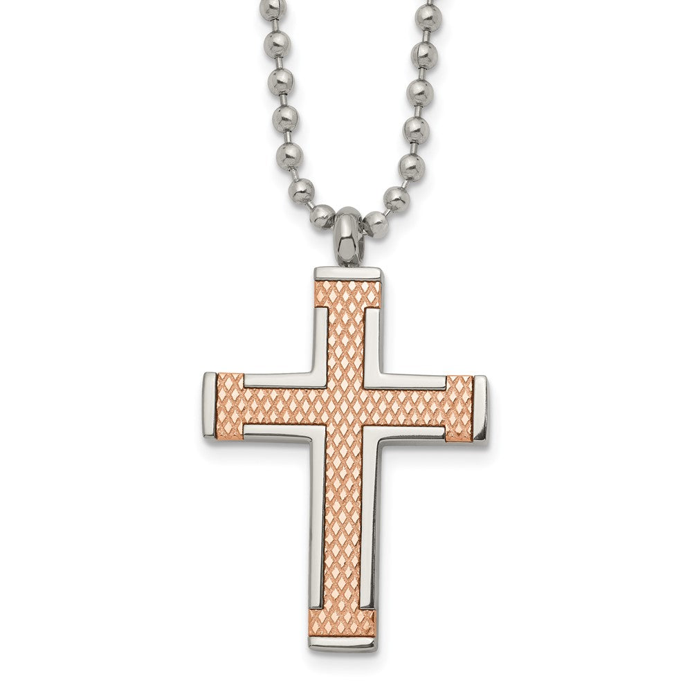 Titanium Polished Rose IP-plated Laser Cut Cross 22in NecklaceTBN197-22
