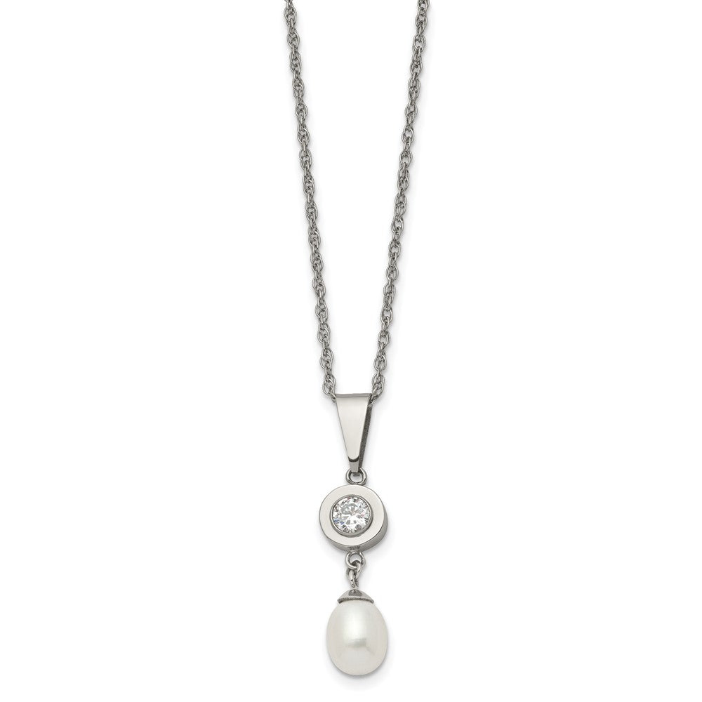 Titanium Polished w/CZ and Freshwater Cultured Pearl NecklaceTBN2643-22