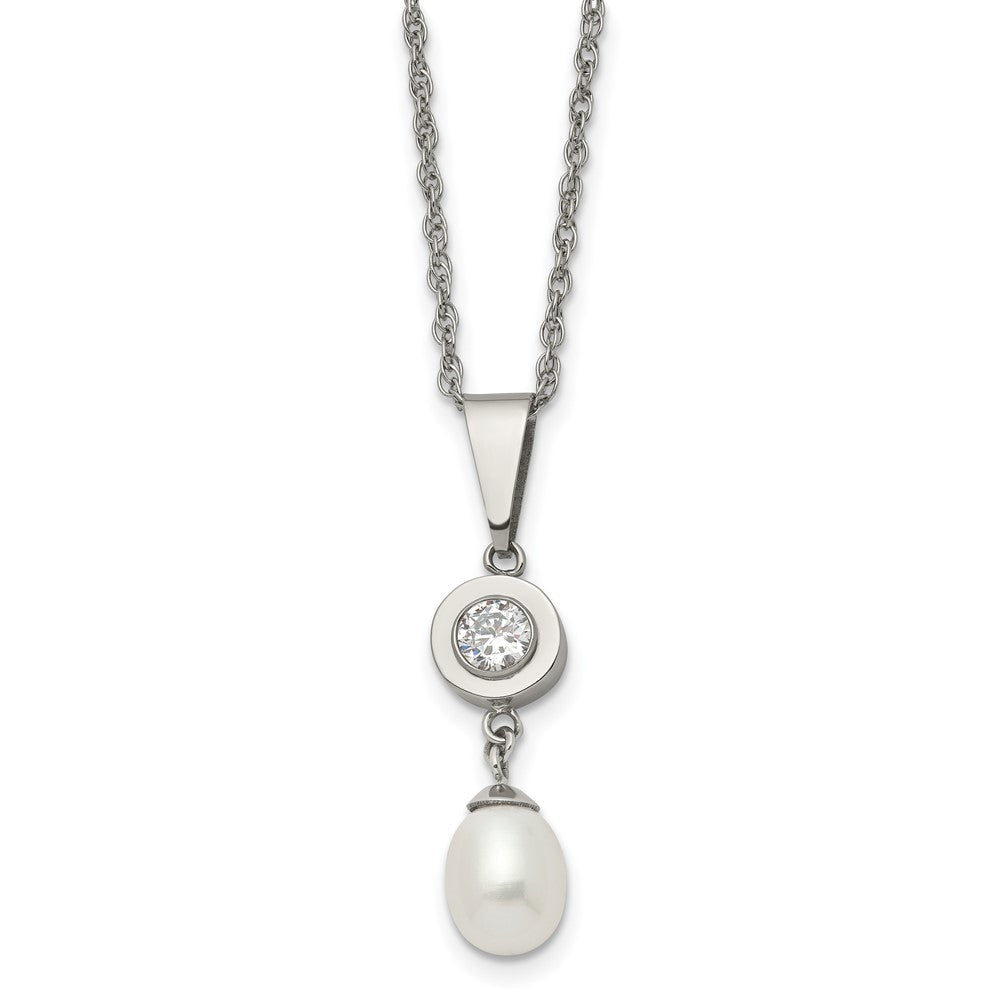 Titanium Polished w/CZ and Freshwater Cultured Pearl NecklaceTBN2643-22