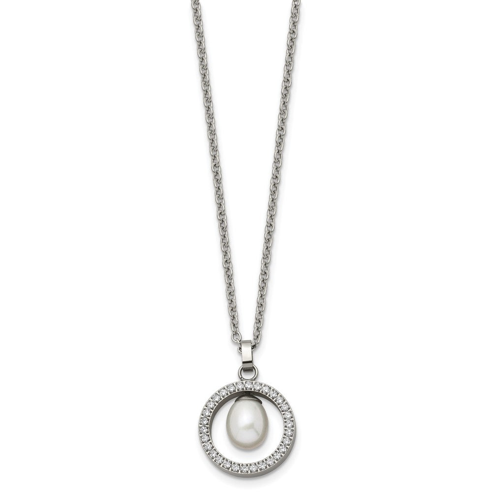 Titanium Polished w/ CZ and Freshwater Cultured Pearl NecklaceTBN2644-22