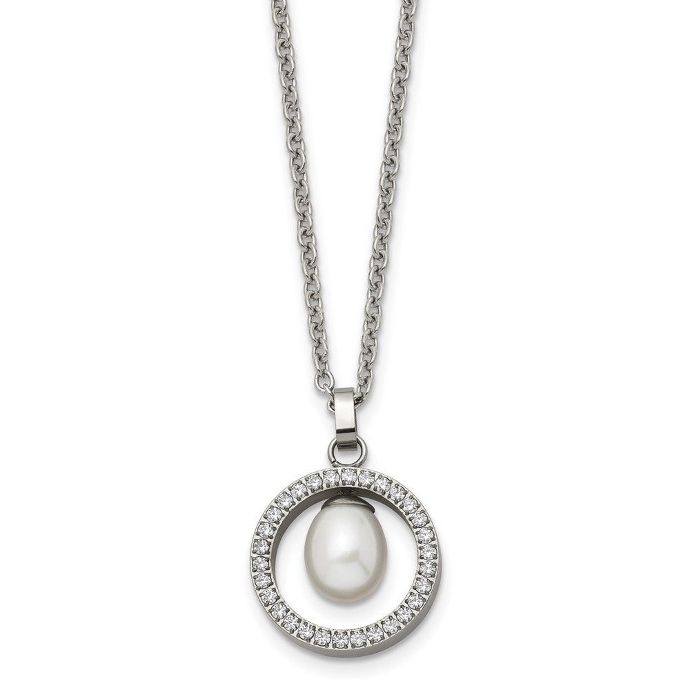 Titanium Polished w/ CZ and Freshwater Cultured Pearl NecklaceTBN2644-22