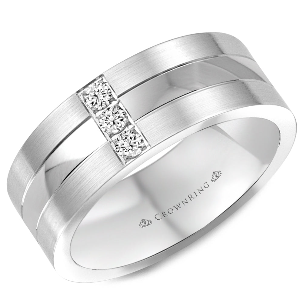 14K White Gold  8mm wide CrownRing wedding band with three round diamond