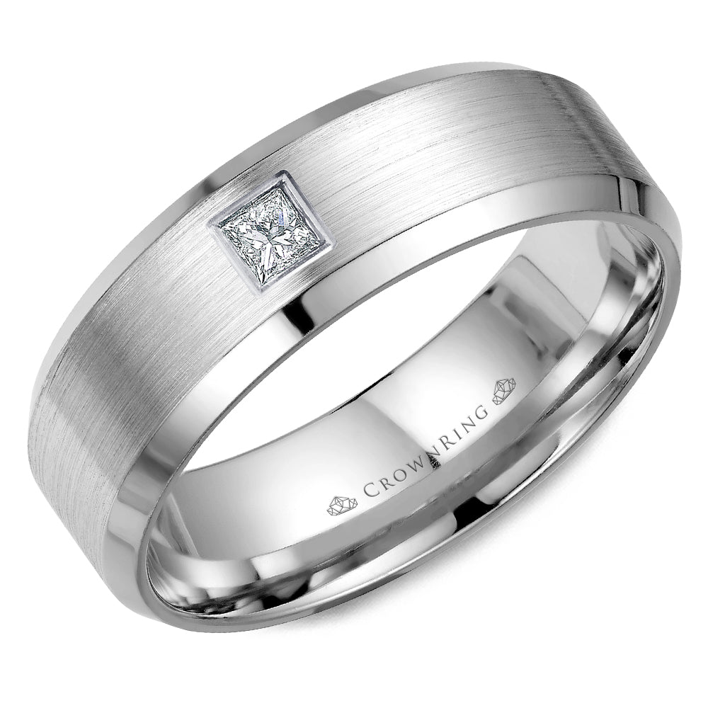 14K White Gold  7mm wide CrownRing wedding band with a round diamond